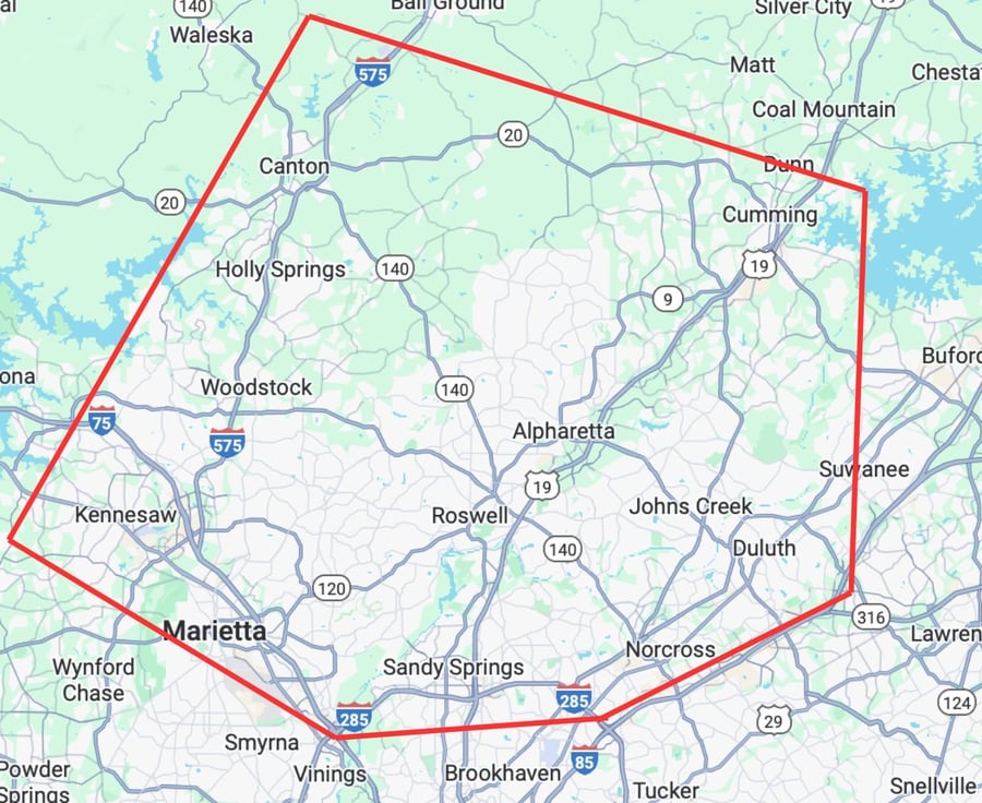 Map of the greater Atlanta area communities served by Sunshine on a Ranney Day