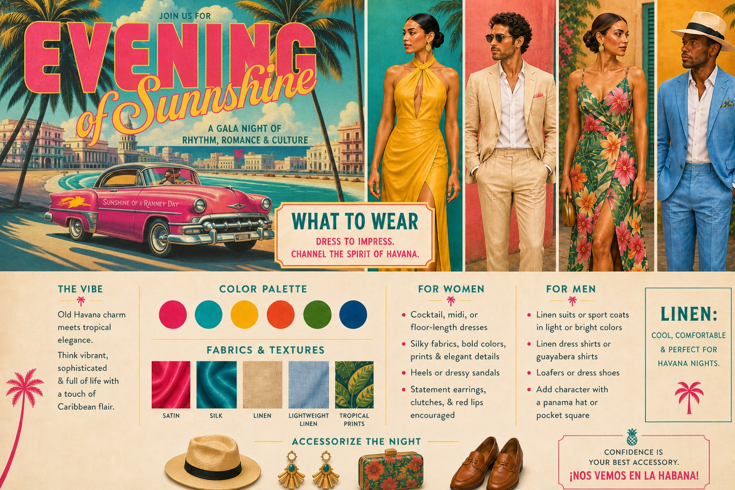Dress code lookbook: outfit examples, color palette, fabrics and accessories.